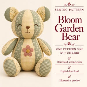 Patron de couture Ours de jardin fleuri, ours en patchwork, fleur en feutrine (Téléchargement numérique)