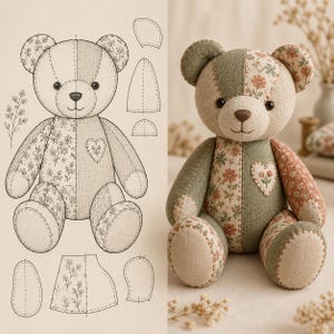 May include: A stuffed teddy bear made of patchwork fabric in shades of sage green, cream, and muted orange with floral patterns. The bear features a stitched heart on its chest and a matching sewing pattern illustration on the left.