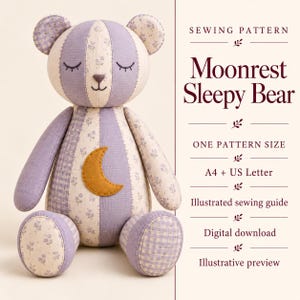 Patrón de costura del oso dormilón Moonrest, osito de peluche de patchwork, detalle de luna creciente (descarga digital)