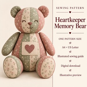 Nähvorlage für den Heartkeeper Memory Bear, Patchwork-Teddybär mit Herztasche (Digitaler Download)