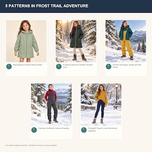 May include: A collection of five winter apparel items titled 5 PATTERNS IN FROST TRAIL ADVENTURE, featuring a Rainshadow Hooded Shell Jacket, Everpine Diamond Quilted Hooded Coat, Summit Snowplay Jacket and Bib Pants, Trailmark Softshell Outdoor Overalls, and Frostpath Fleece-Lined Adventure Leggings.