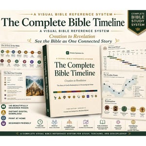 May include: A visual Bible reference system titled The Complete Bible Timeline, featuring a central book cover, surrounding informational charts, maps, and timelines. The design includes text, icons, and diagrams illustrating biblical history.