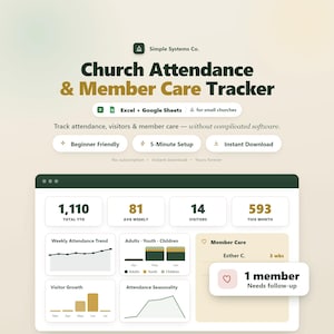 Spårning av kyrkobesök | Spårning av medlemsomsorg | Kalkylblad för kyrkomedlemskap | Besökarspårning | Excel och Google Sheets