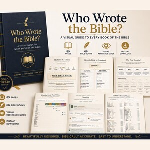 Puede incluir: Un libro azul oscuro titulado Who Wrote the Bible? A Visual Guide to Every Book of the Bible, con texto dorado y un icono de pluma. El conjunto incluye páginas abiertas que muestran gráficos, líneas de tiempo y listas.