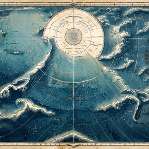 Può includere: Una mappa circolare in stile vintage nei toni del blu profondo e crema, caratterizzata da una proiezione centrale simile a una bussola con linee radianti. La mappa mostra coste dettagliate, ombreggiature topografiche e il testo Pale Blue Cartography.