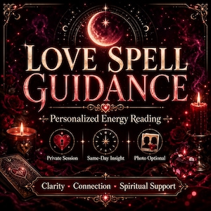 Puede incluir: Un gráfico rojo oscuro y negro con el texto LOVE SPELL GUIDANCE y Personalized Energy Reading. Incluye iconos de un corazón con cerradura, un reloj y una foto de silueta, junto con velas, rosas y una carta del tarot.
