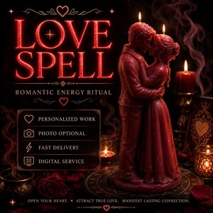 Könnte beinhalten: Eine rote Wachskerze in Form eines sich umarmenden Paares mit dem Text LOVE SPELL ROMANTIC ENERGY RITUAL, PERSONALIZED WORK, PHOTO OPTIONAL, FAST DELIVERY, DIGITAL SERVICE, OPEN YOUR HEART, ATTRACT TRUE LOVE, MANIFEST LASTING CONNECTION.