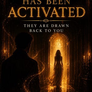 Op de afbeelding: Een digitale afbeelding met de tekst OBSESSION HAS BEEN ACTIVATED en THEY ARE DRAWN BACK TO YOU. Het silhouet van een persoon staat op de voorgrond, terwijl een ander figuur naar een verlichte, gewelfde deuropening in een donkere hal loopt.