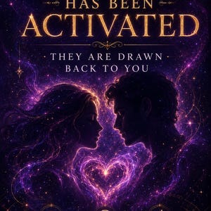 May include: A digital graphic featuring the text OBSESSION HAS BEEN ACTIVATED and THEY ARE DRAWN BACK TO YOU above silhouettes of two people facing each other with a glowing purple heart and cosmic nebula background, plus icons for photo proof, same day casting, and fast response.