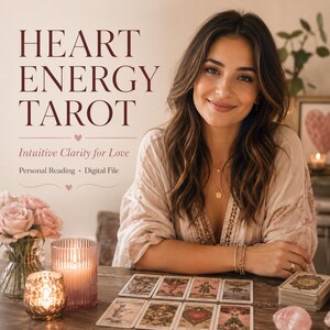 Op de afbeelding: Een digitale tarot-leesservice getiteld HEART ENERGY TAROT Intuitive Clarity for Love Personal Reading Digital File. De afbeelding toont een persoon met lang bruin haar zittend achter een houten tafel met tarotkaarten, een roze kaars en rozen.