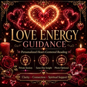 Może przedstawiać: Cyfrowa grafika zatytułowana LOVE ENERGY GUIDANCE z centralnym świecącym sercem, czerwonymi różami i dwiema zapalonymi świecami. Ikony przedstawiają sesję prywatną, wgląd tego samego dnia i opcję zdjęcia, z tekstem Clarity, Connection, Spiritual Support.