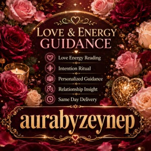 Może przedstawiać: Grafika cyfrowa z tekstem LOVE & ENERGY GUIDANCE, po którym następuje lista usług: Love Energy Reading, Intention Ritual, Personalized Guidance, Relationship Insight i Same Day Delivery, z napisem aurabyzeynep na dole.