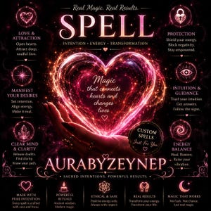 Può includere: Un poster grafico nero con un cuore rosa luminoso tenuto da una mano. Il testo include SPELL, INTENTION, ENERGY, TRANSFORMATION, AURABYZEYNEP e varie descrizioni come LOVE & ATTRACTION, PROTECTION, MANIFEST YOUR DESIRES e CUSTOM SPELLS.