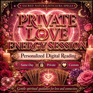 Puede incluir: Un gráfico digital con el texto PRIVATE LOVE ENERGY SESSION y Personalized Digital Reading. El diseño incluye rosas rojas, velas encendidas, cristales y un abanico de cartas del tarot con motivos de corazones en una paleta de colores rojo y oro.