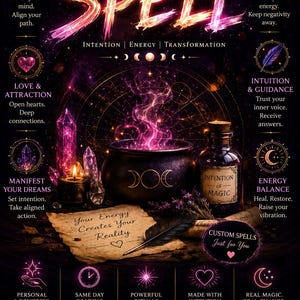 Op de afbeelding: Een donkere poster met de titel SPELL in gloeiende roze en gouden letters. Het toont een zwarte ketel met roze rook, kristallen, een kaars, een glazen fles met het label INTENTION is MAGIC en een perkamentrol met de tekst Your Energy Creates Your Reality.