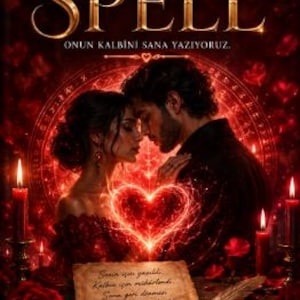 Op de afbeelding: Een boekomslag getiteld SPELL met een koppel in een romantische omhelzing, omringd door rode harten en gloeiend licht. De tekst luidt AŞK EN GÜÇLÜ BÜYÜDÜR, ONUN KALBİNİ SANA YAZIYORUZ en SPELLS BY KADIR. Een perkament met handgeschreven tekst en een veer.