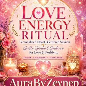 Op de afbeelding: Een digitale afbeelding met de titel LOVE ENERGY RITUAL Personalized Heart-Centered Session Gentle Spiritual Guidance for Love & Positivity WARM UPLIFTING INTENTIONAL AuraByZeynep met roze rozen, kristallen, kaarsen en hartmotieven.