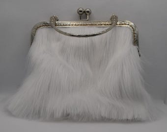 Handmade White Faux Fur Kiss Lock Handbag | Vintage Frame Evening Purse
