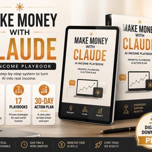 Può includere: Un prodotto digitale intitolato Make Money With Claude AI Income Playbook, che include un tablet e una copertina di libro con il titolo, 150+ prompt, 17 playbook e un piano d'azione di 30 giorni. Design con testo arancione e nero su bianco.