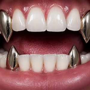 May include: A set of polished gold-tone metal tooth caps shaped like pointed fangs, fitted over the upper and lower canine teeth. The metallic covers have a smooth, reflective surface and are positioned on natural white teeth within an open mouth.