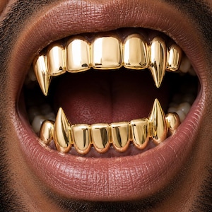 May include: A set of gold teeth grills covering the upper and lower teeth. The design features smooth, polished gold surfaces with prominent, pointed fang-like extensions on both the top and bottom rows, creating a sharp, metallic appearance.