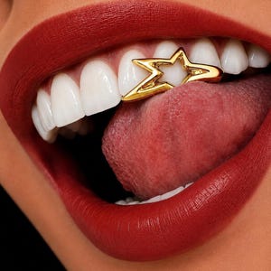 Silver Star Tooth Gem Grillz, Removable Dental Jewelry, Y2K Tooth Charm, Open Star Grillz, Smile Accessory, Silver Tooth Jewelry