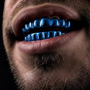 May include: A set of metallic blue dental grills covering the upper and lower teeth. The grills feature a smooth, reflective surface that contours to the shape of the teeth, creating a bold, monochromatic appearance against the dark background.
