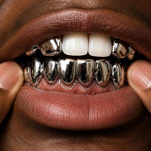 May include: A set of polished silver-coloured metal teeth grills covering the lower teeth, featuring a smooth, reflective surface that contours to the shape of each individual tooth, creating a metallic appearance over the lower dental arch.