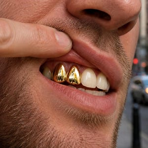Puede incluir: Un conjunto de dos fundas dentales de oro pulido ajustadas sobre los dientes superiores. Las cubiertas metálicas tienen una superficie lisa y reflectante, moldeada para adaptarse a los contornos naturales de los dientes con un tono dorado.
