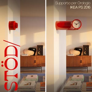 Könnte beinhalten: Eine leuchtend rote Wanduhr mit einem zylindrischen Arm, der von der Wand absteht. Das Zifferblatt ist weiß mit schwarzen Zeigern und Ziffern. Der Text auf dem Bild lautet Supporto per Orologio IKEA PS 2016 und vertikal STÖD.
