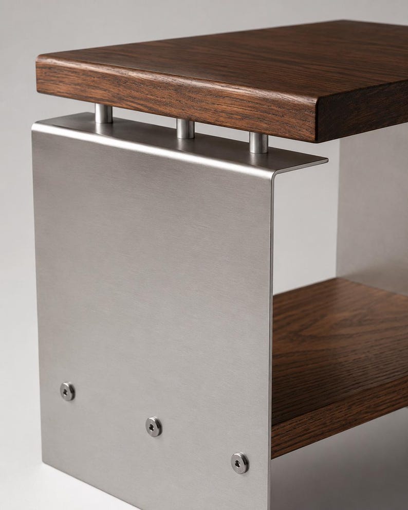 Op de afbeelding: Een bijzettafel met een donkerbruin houten blad en een onderste houten plank, verbonden door een frame van geborsteld zilverkleurig metaal. Het metalen zijpaneel is aan de houten onderdelen bevestigd met drie zichtbare ronde schroeven.