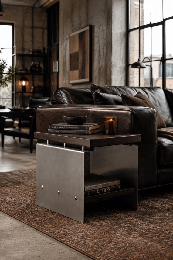 Brutalist Oak Slab Side Table – Industrial Metal Nightstand, Wabi Sabi Statement Piece