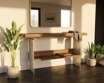 Mesa consola de entrada de estilo brutalista moderno / Madera maciza y metal gruesos / Mesa de pasillo de estilo brutalista moderno de mediados de siglo hecha a mano