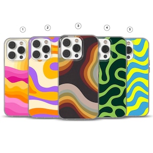 May include: Five smartphone cases arranged in a row, each featuring a distinct wavy, abstract pattern. The designs include color combinations of pink and orange, purple and yellow, brown and tan, dark and light green, and blue and yellow.