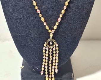Monet Gold and Pink Pearl Tassel Fringe Necklace Vintage Style Gold Tone