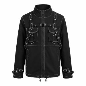 May include: A black jacket featuring white contrast stitching, a high collar, and a full-length front zip. The design includes two chest pockets, integrated harness-style straps with metal eyelets and D-rings, and adjustable cuffs with buckles.
