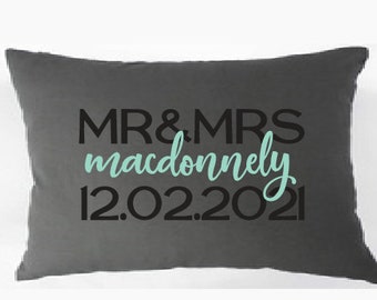 Mr & Mrs surname and date pillow, perfect for bridal shower, cotton anniversary gift, wedding or engagement gift for a special couple!