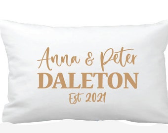 Names and surname couples pillow with est date. Lovely keepsake for bridal shower, 2nd anniversary cotton gift, wedding and engagement gift.