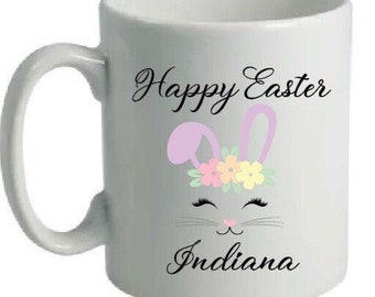 Happy Easter pretty bunny custom mug. Perfect gift for kids, teens, mum & grandma. Personalized for you. Choose ceramic or polymer for kids.