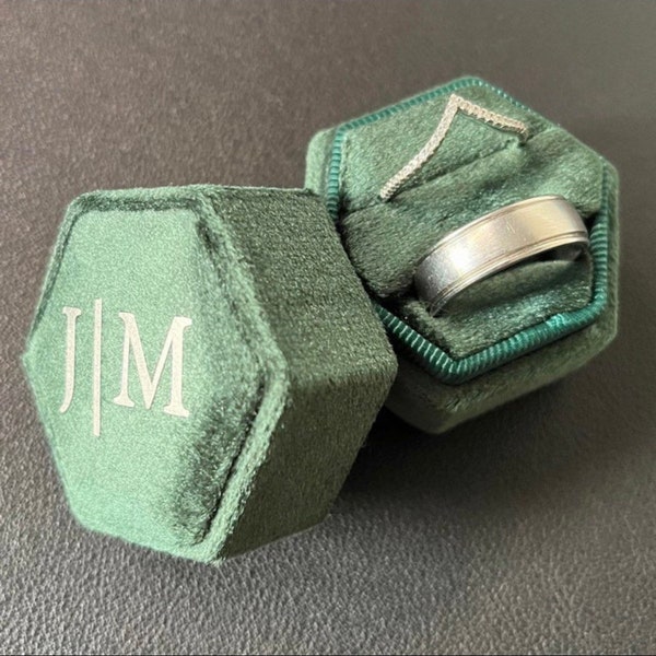 Classic BOLD initials design double ring hexagon velvet ring box customised just for you. Wedding day ringbox. Perfect photo opportunity.