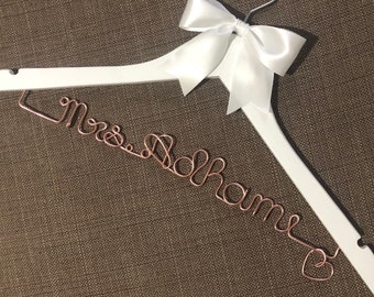 Gorgeous hanging heart detail personalised or MRS large bow wedding hangers, the perfect gift for brides and bridesmaids or bridal shower.