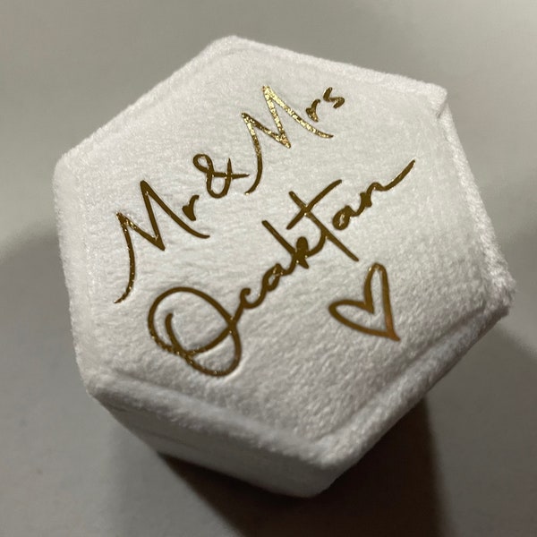 New surname with heart double ring hexagon velvet ring box customised just for you. Wedding day ringbox. Perfect photo opportunity. LGBTQ+