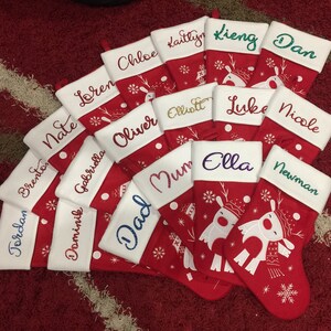 Super cute custom Christmas stocking. High quality designs of Rudolph, Snowman or Santa with your name printed in plain, metallic or glitter image 4