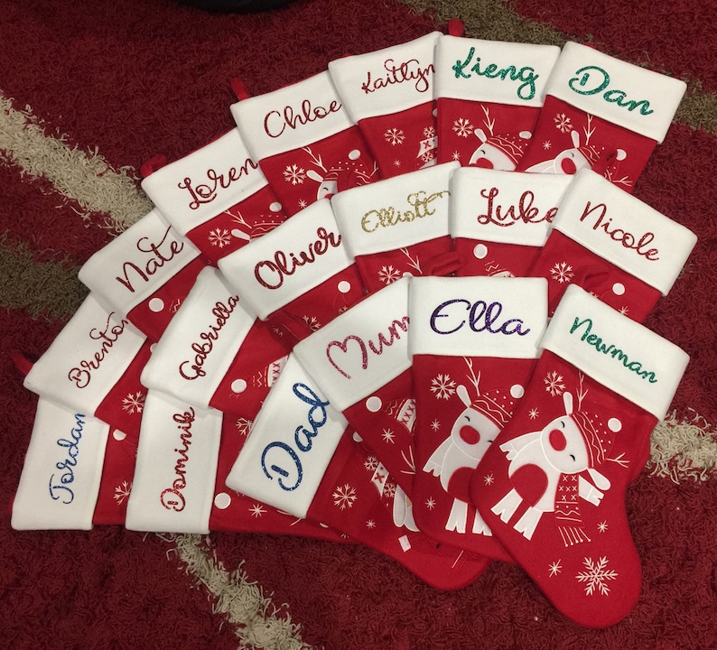 Super cute custom Christmas stocking. High quality designs of Rudolph, Snowman or Santa with your name printed in plain, metallic or glitter image 4