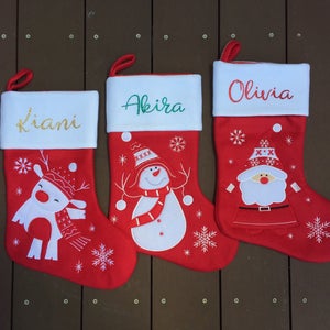 Super cute custom Christmas stocking. High quality designs of Rudolph, Snowman or Santa with your name printed in plain, metallic or glitter image 1