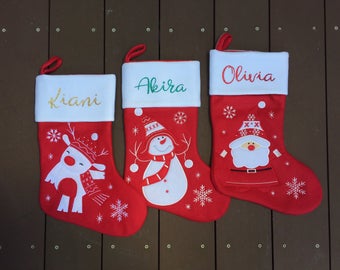 Super cute custom Christmas stocking. High quality designs of Rudolph, Snowman or Santa with your name printed in plain, metallic or glitter