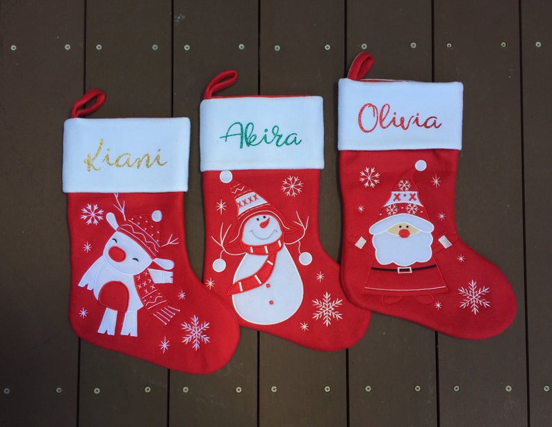 Super cute custom Christmas stocking. High quality designs of Rudolph, Snowman or Santa with your name printed in plain, metallic or glitter image 1