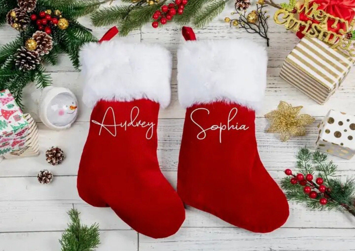 Gorgeous classic style Christmas stocking customized with name/word. Choose blank, plain or metallic printing. Beautiful faux fur feel.