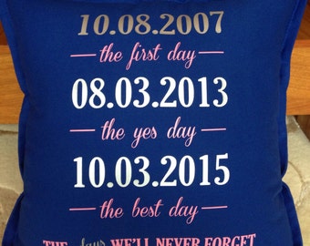 Personalised "special days" pillow - perfect wedding gift, engagement gift or bridal shower. You choose the colour scheme.