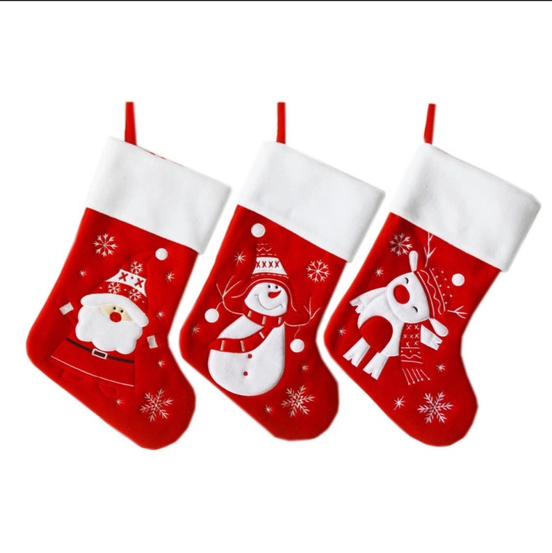 Super cute custom Christmas stocking. High quality designs of Rudolph, Snowman or Santa with your name printed in plain, metallic or glitter image 10